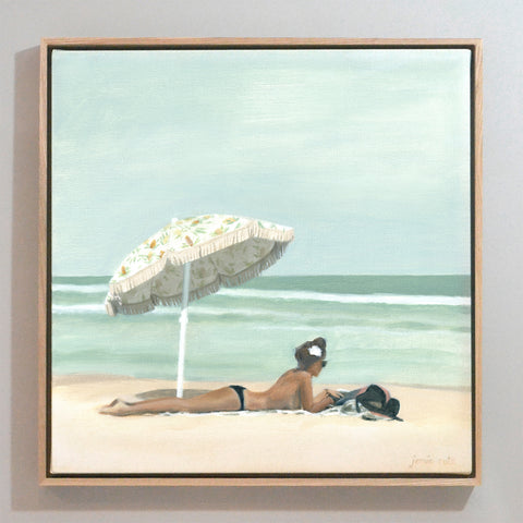 Lady basking in the sun on the beach print from original artist painting