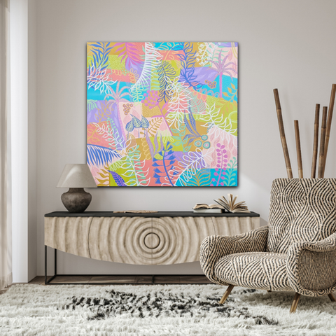 Large square original painting of flowers in pastel colours