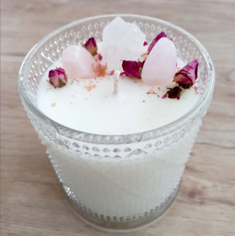 Soy candle with crystals in small plain or decorative glass