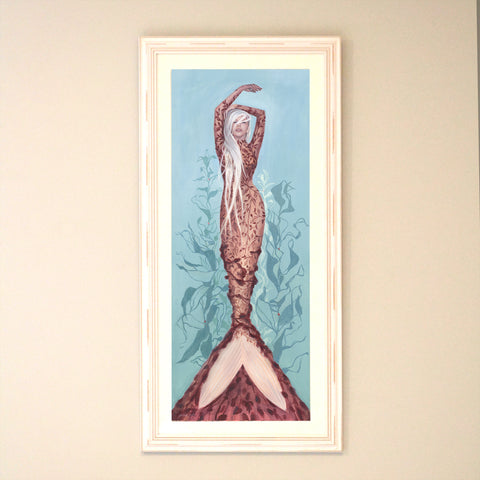 Long white haired mermaid painted by local artist in acrylic and for sale on print