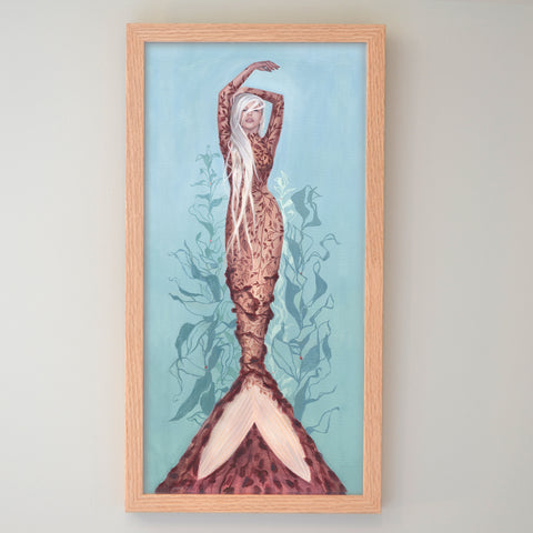 custom timber frame with painted lady with long flowing hair by female artist