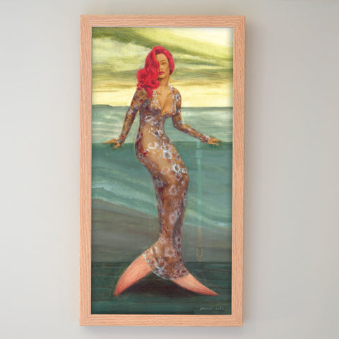 custom wooden framed mermaid painting of lady in evening dress and tail