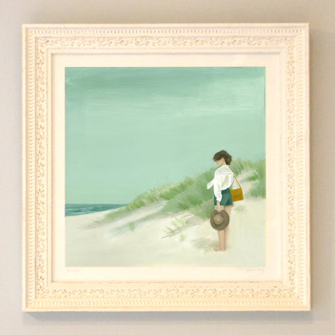framed cream white print of painting by Australian artist lady on the beach