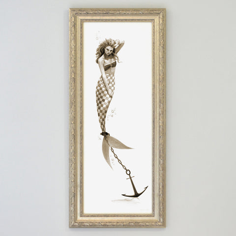 gold frame with painting of distress mermaid in neutral colours 