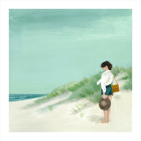 lady lost in thought gazing at the ocean in original painting