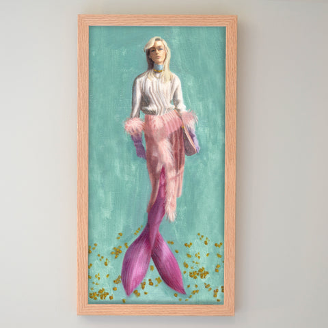 purple elegant half lady half fish tail mermaid based on original painting by artist