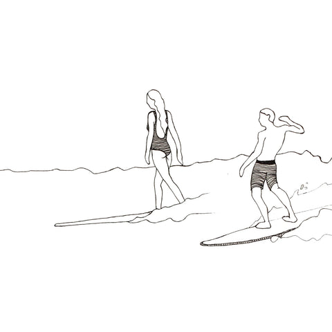 Black and white Two of Us surf artwork sketch